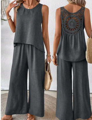 Women's Backless Lace Suit | Sleeveless Solid Color Set