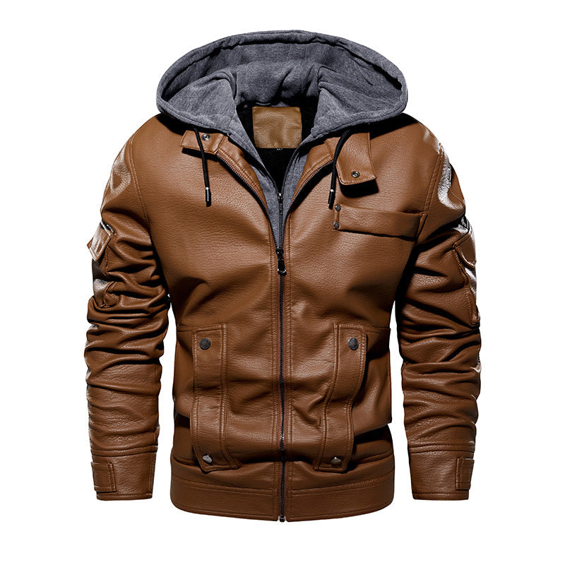 Men's PU Leather Hooded Coat – Loose Fit Insulated Winter Jacket