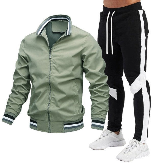 Men's Zip Jacket & Contrast-Panel Pants Set - Five Colors