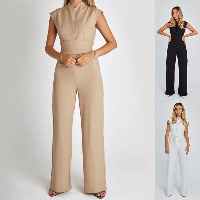 Women's Sleeveless Jumpsuit | V-Neck High Waist Wide Leg Romper