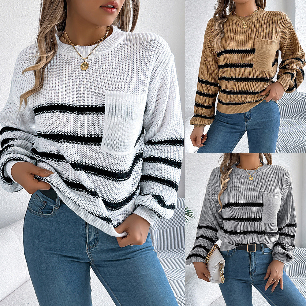 Women's Contrast Stripe Sweater - Lantern Sleeves & Pocket Detail