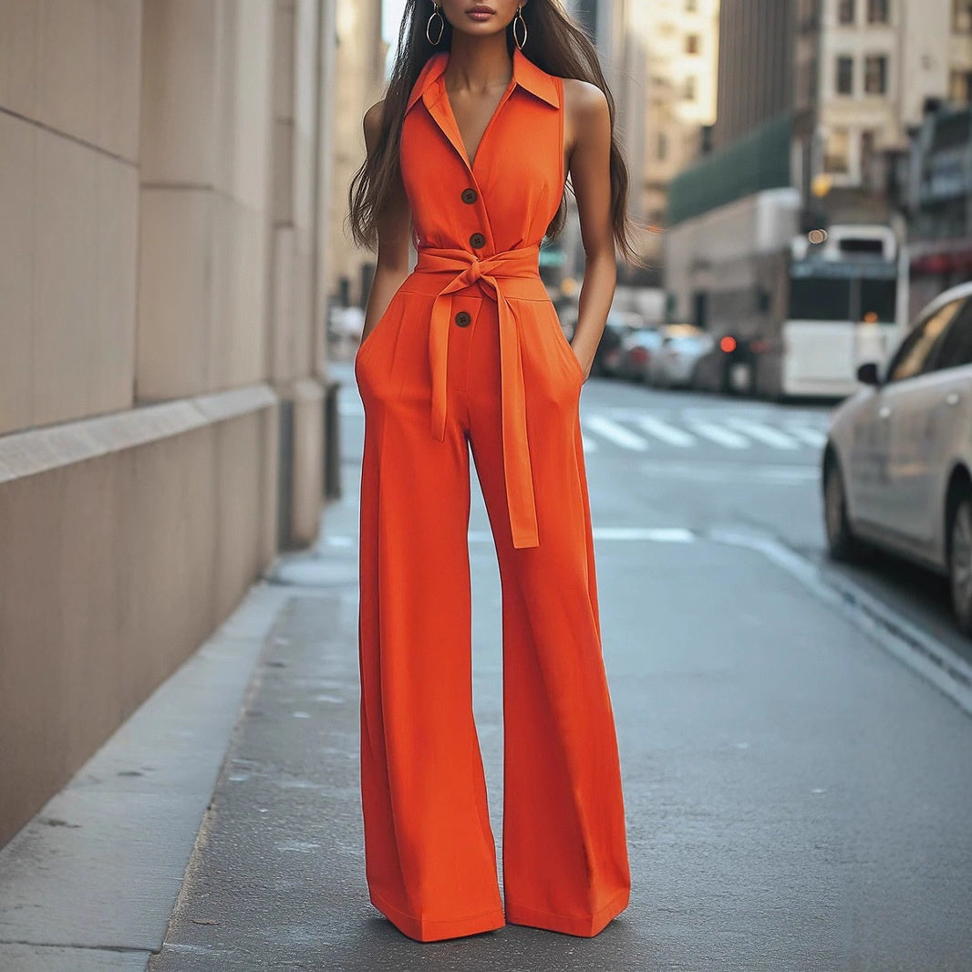 Women's Blouse Collar Jumpsuit | Sleeveless Wide Leg Romper