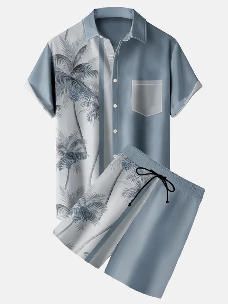 Men's 3D Print Short Set | Lapel Collar Short Sleeve & Shorts Outfit