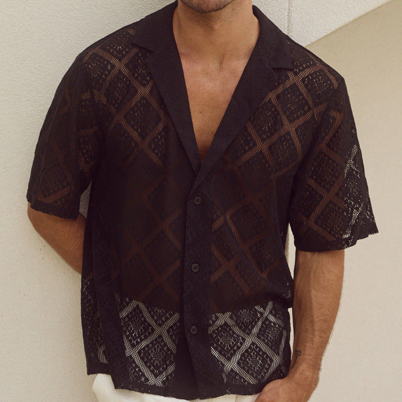 Men's Breathable Open-Weave Shirt | Short Sleeve Lapel Cardigan for Summer