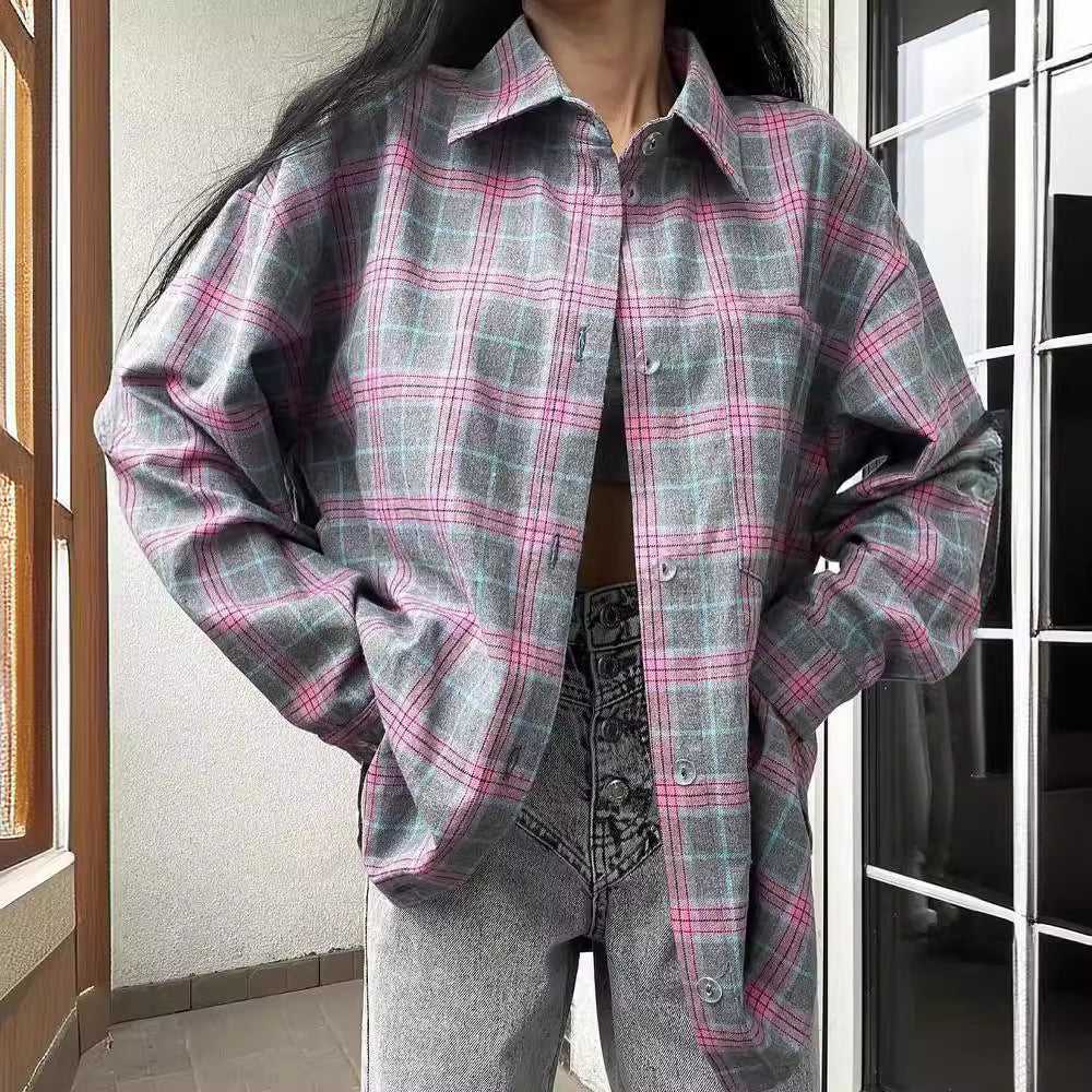 Retro Lapel Loose Plaid Shirt for Women