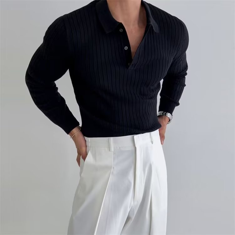 Men's Slim Fit Long Sleeve Polo Shirt | Lapel Collar Knitted Top