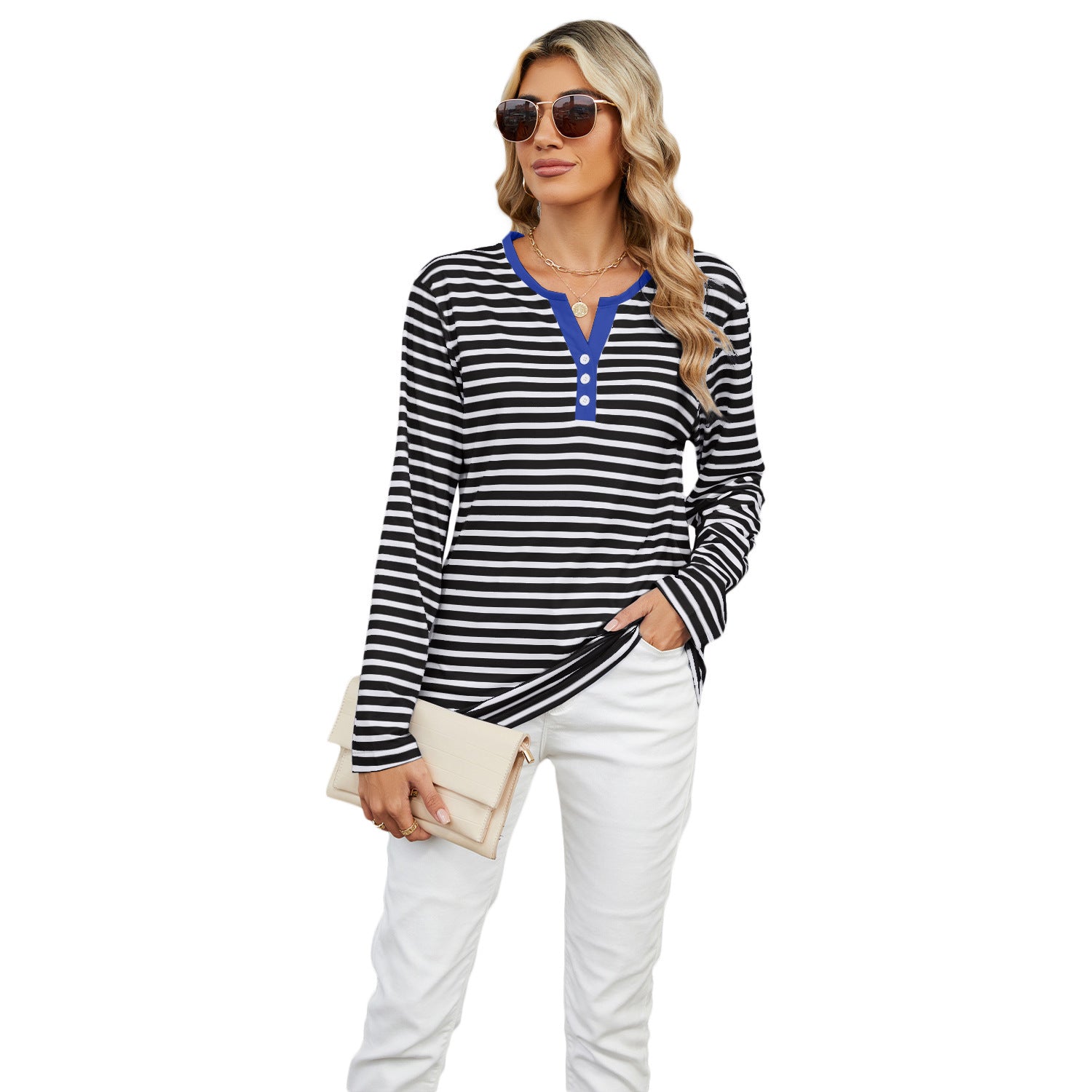 Women's V-Neck Striped Cotton T-Shirt