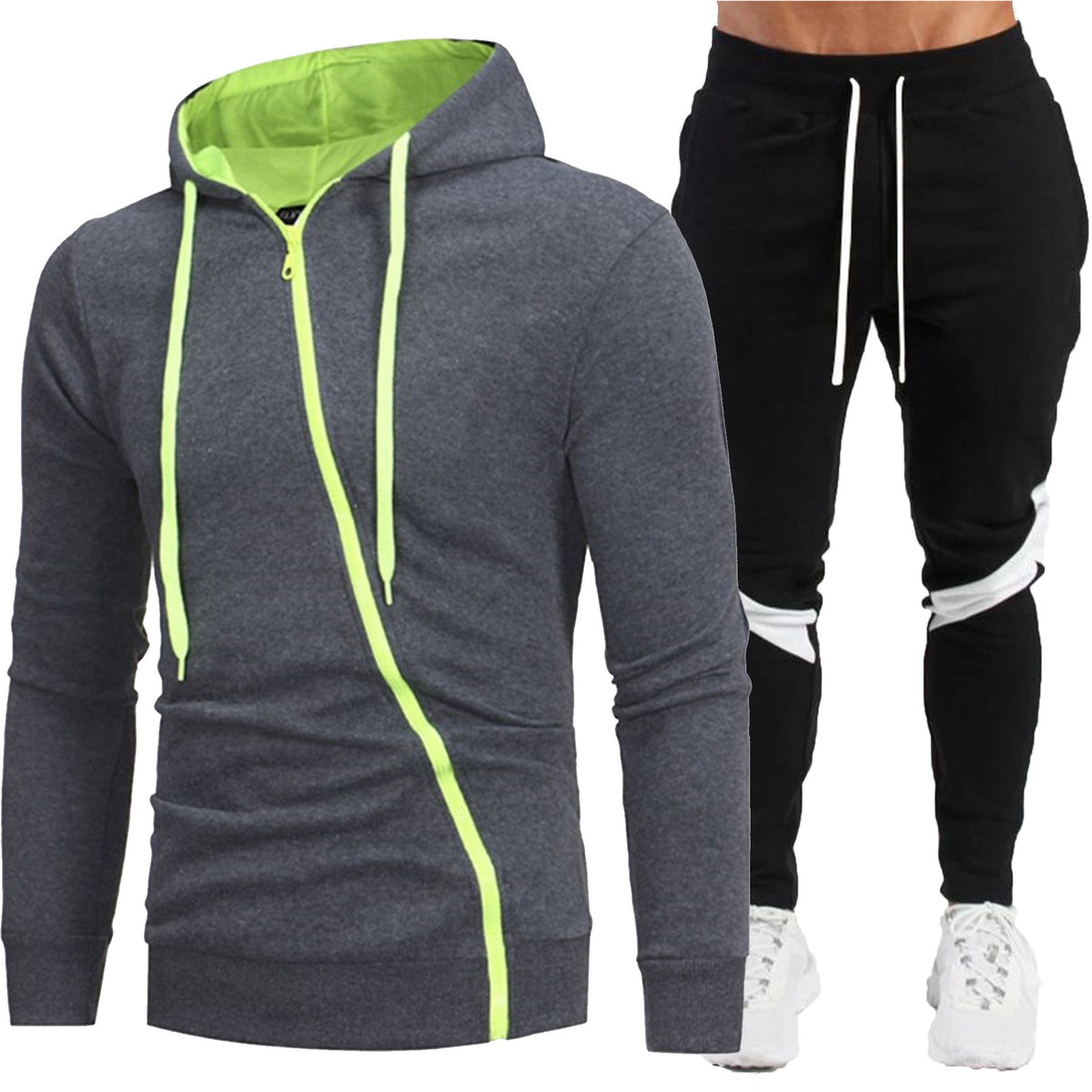 Men's Diagonal-Zip Hooded Jacket & Black Pants Set