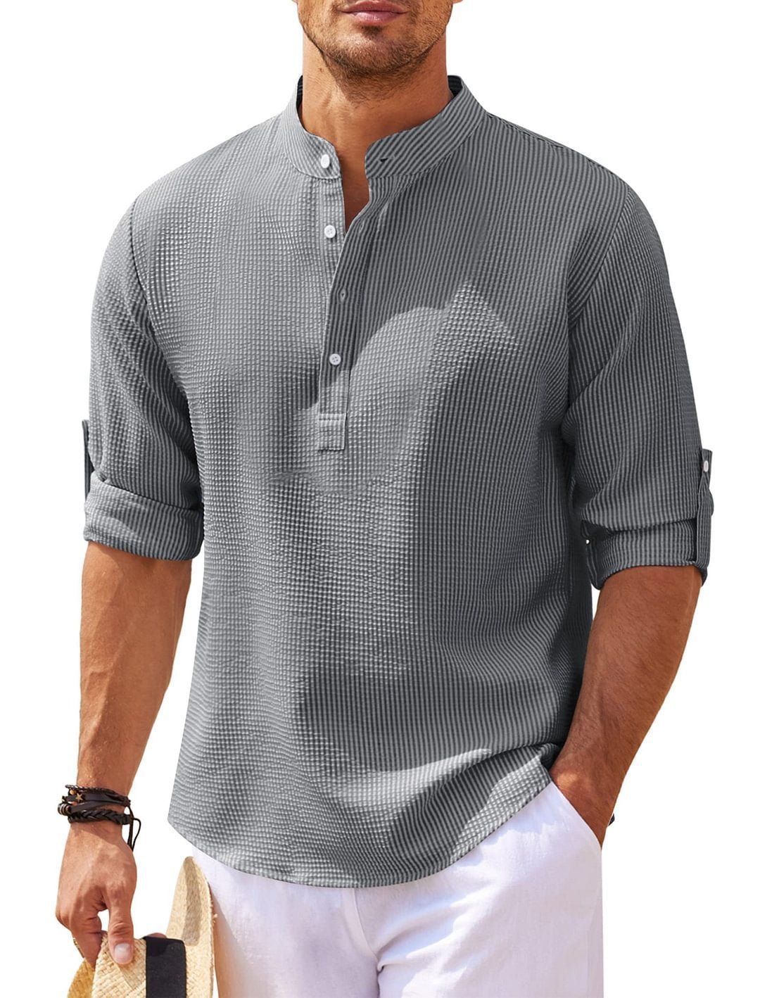 Men's Stand Collar Shirt | Long Sleeve Casual Pullover Top
