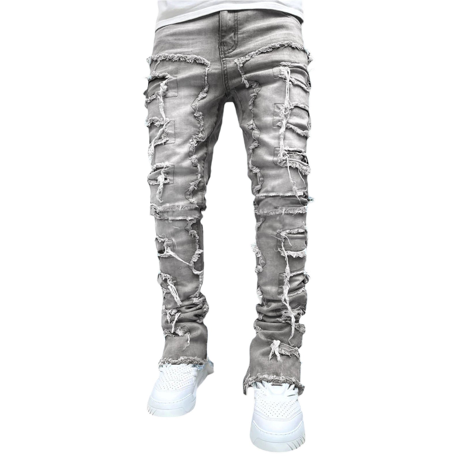 Men's Stacked Skinny Jeans | Patched Slim Fit Cotton Trousers