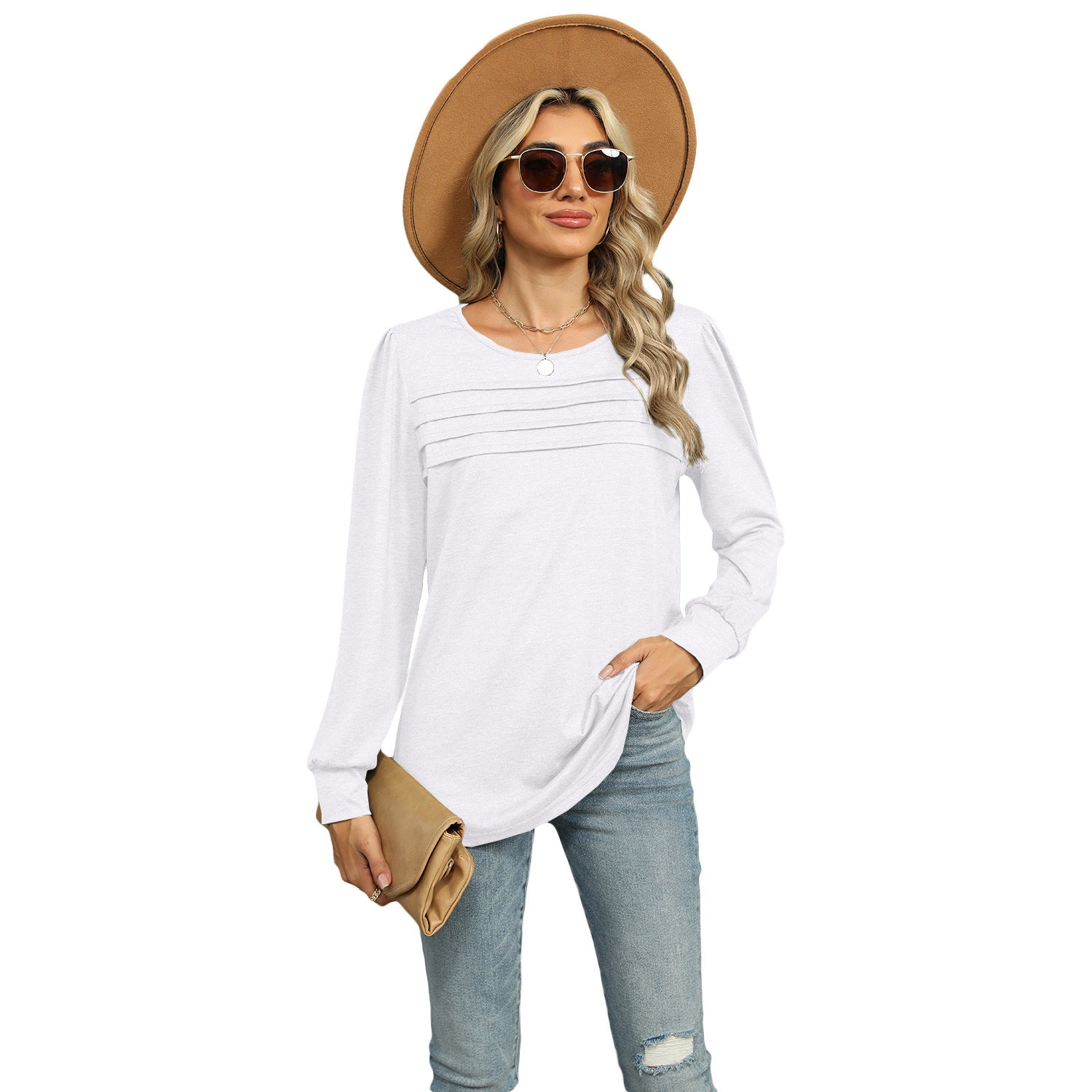 Women's Pleated Long Sleeve Solid Color Top