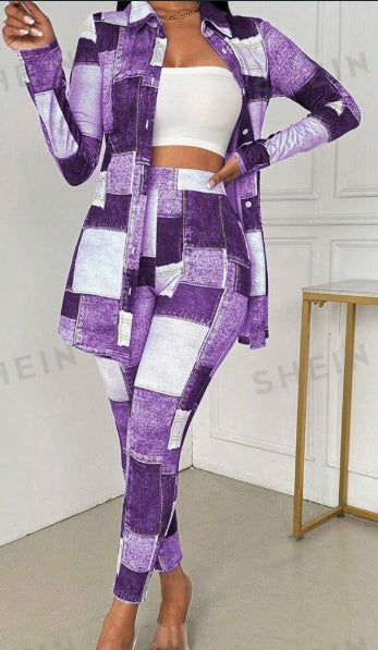 Women's Denim Effect Set | Shirt Collar Knit Top & Pants