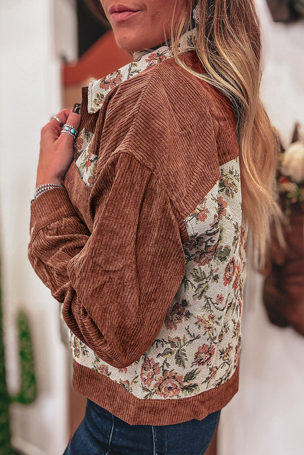 Women's Clay Ribbed Jacket | Retro Floral Patchwork Design