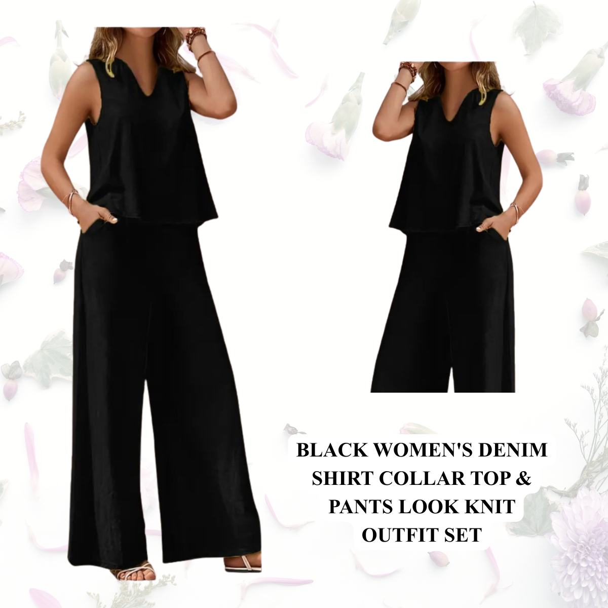 Women's Denim Shirt Collar Top & Pants Look Knit Outfit Set