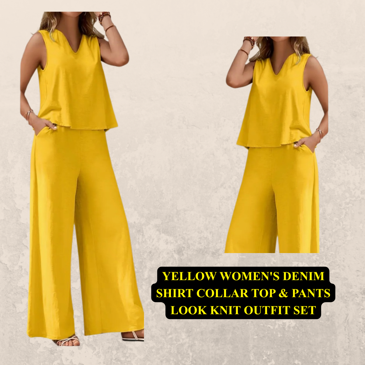 Women's Denim Shirt Collar Top & Pants Look Knit Outfit Set