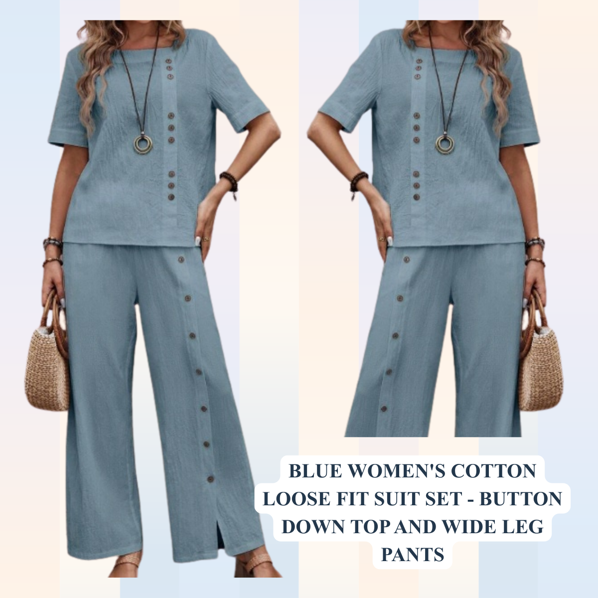 Women's Cotton Loose Fit Suit Set - Button Down Top & Wide Leg Pants