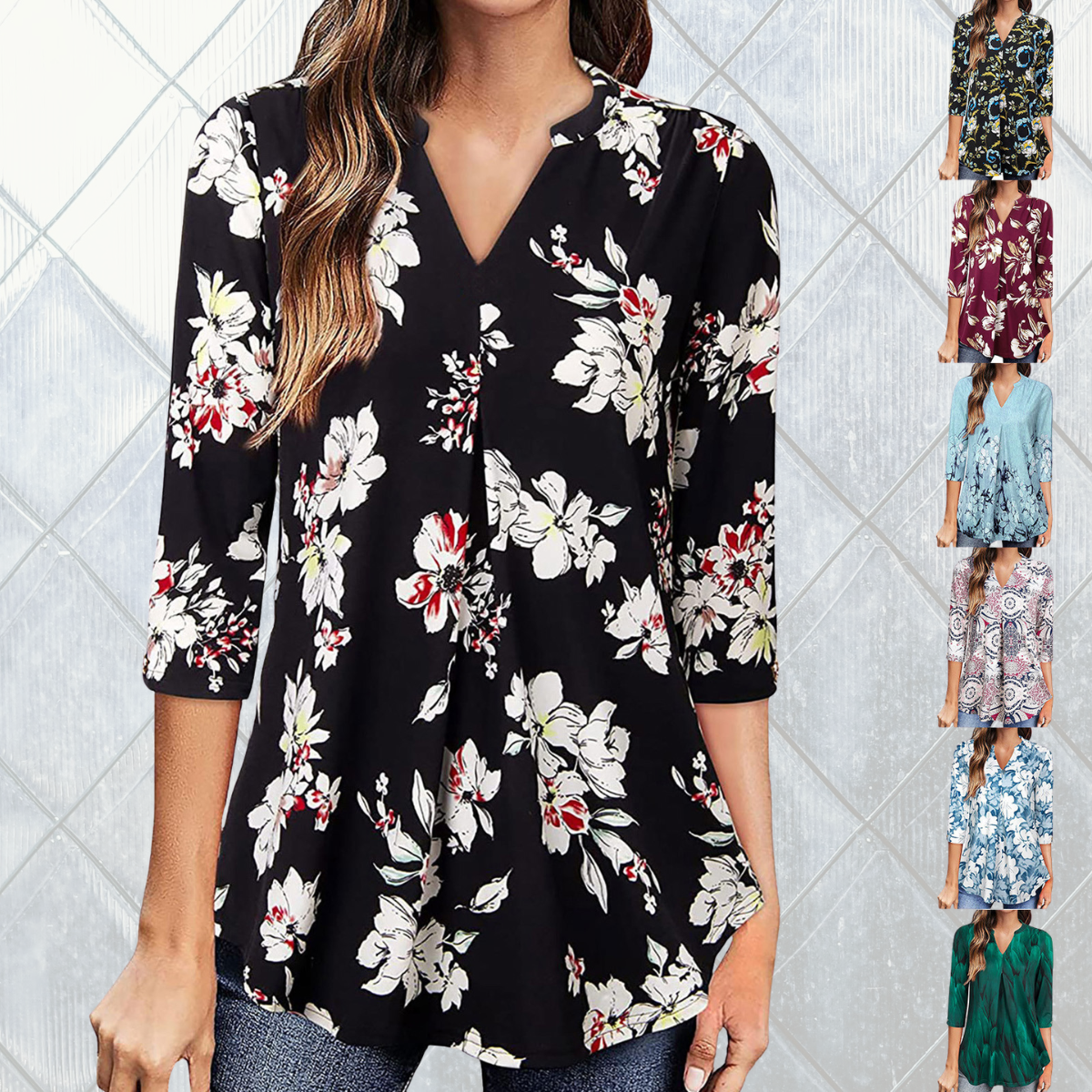 Women's Floral Print V-Neck Pullover Blouse