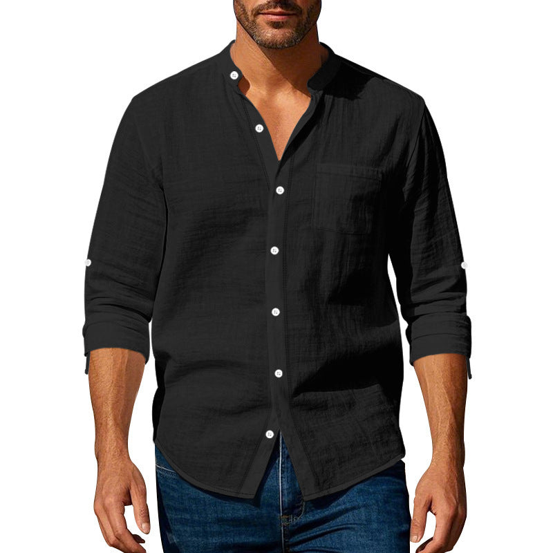 Men's Stand Collar Shirt | Long Sleeve Linen Blend Shirt with Pockets