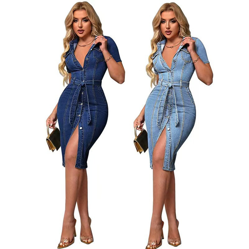 Women's Fitted Denim Midi Dress - Short Sleeve Turn-Down Collar