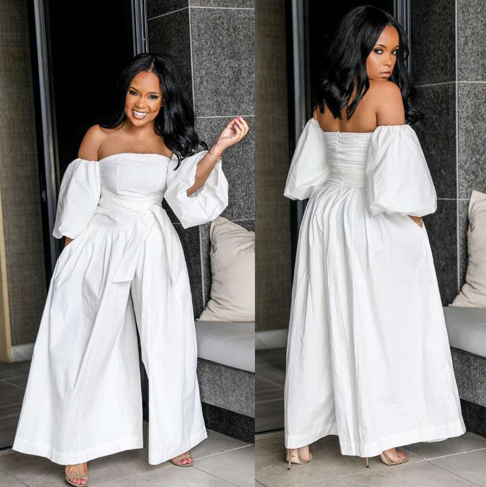 Women's One-Shoulder Lantern Sleeve Jumpsuit – Zipper Waist Woven Romper