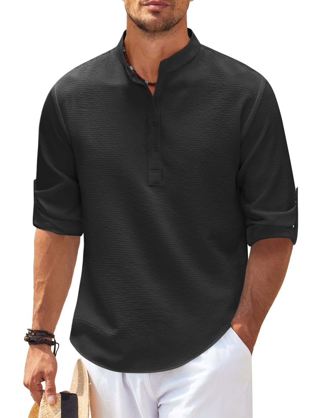 Men's Stand Collar Shirt | Long Sleeve Casual Pullover Top