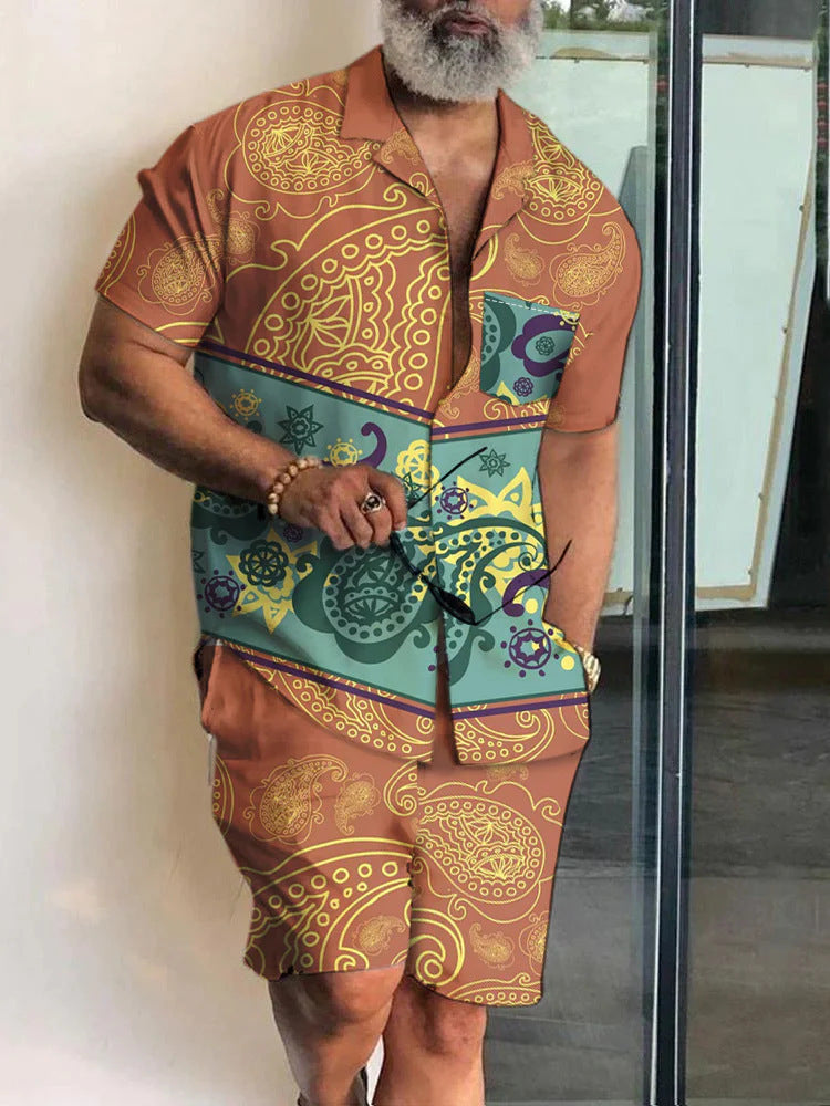 Men's 3D Print Short Set | Lapel Collar Short Sleeve & Shorts Outfit