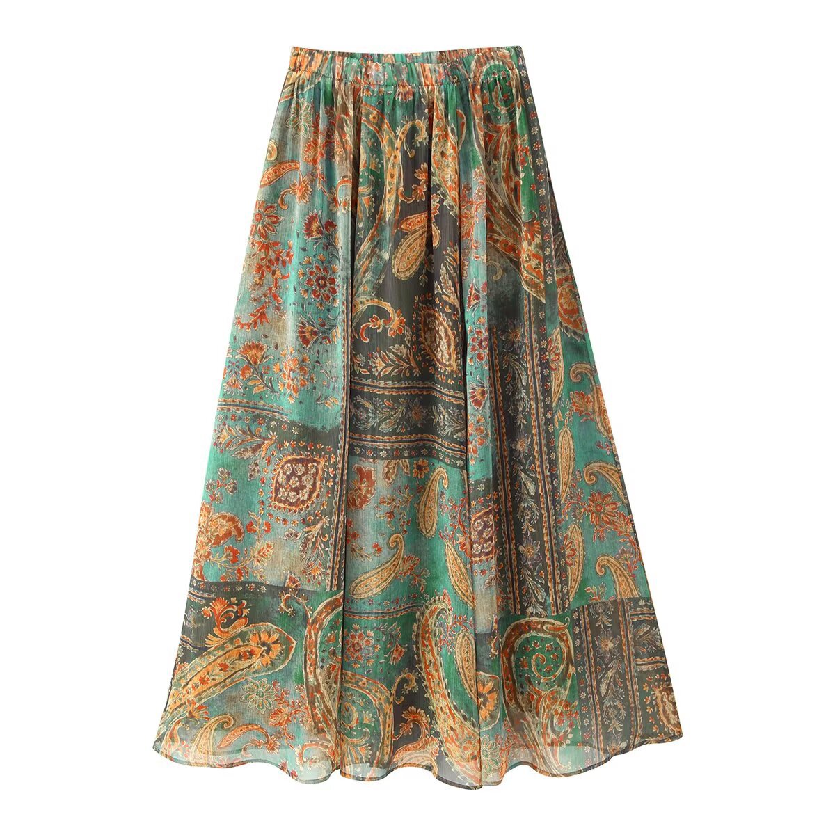 Women's Paisley Print A-Line Long Skirt - Green & Multicolor