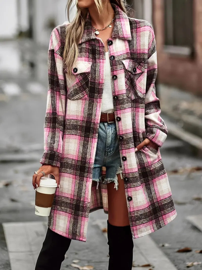 Women’s Vintage Plaid Long Cardigan Shirt Jacket
