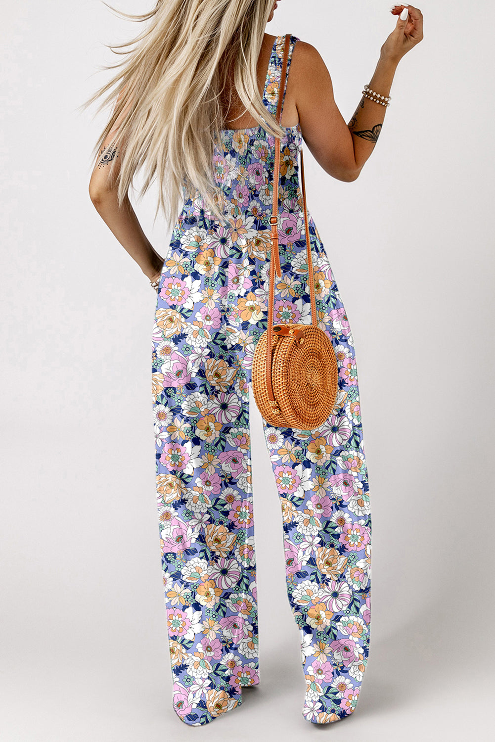 Women's Purple Floral Jumpsuit | Square Neck High Waist Stretch