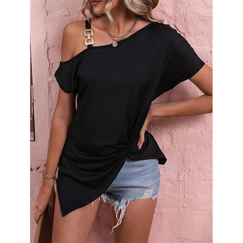 Women's Off-Shoulder Short Sleeve Hem Cotton Blouse