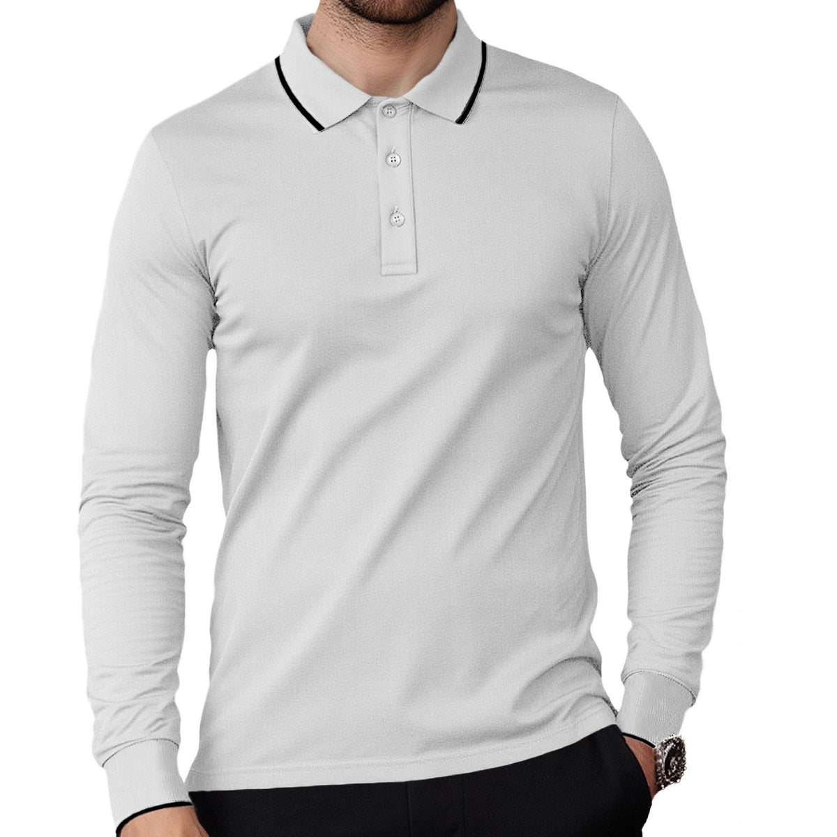 Men's Long-Sleeve Polo Shirt - Loose Fit, Solid Color