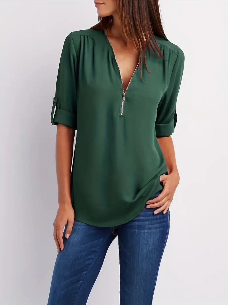 Women's Ruched Half Zip V-Neck Casual Blouse