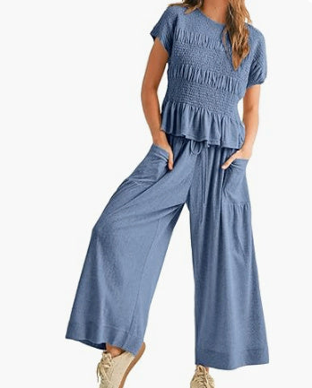 Women's 2-Piece Set | Pleated Top & Wide Leg Pants