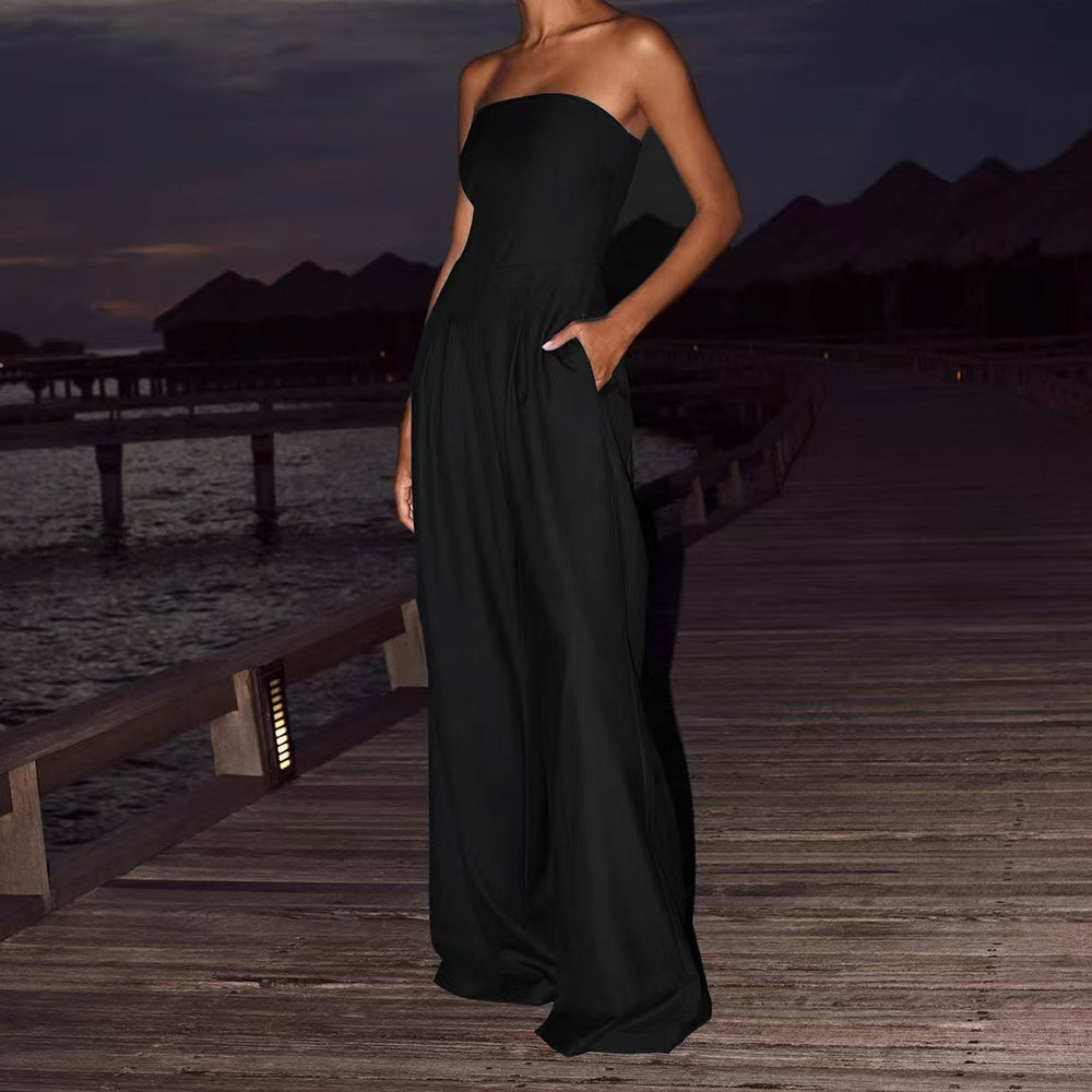 Women's Backless Tube Top Jumpsuit | Loose Wide Leg Romper