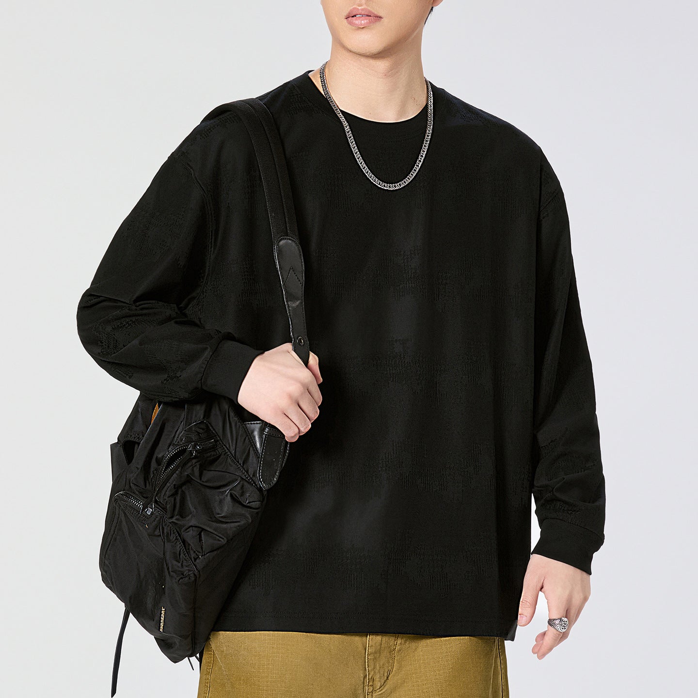 Men's Jacquard Long-Sleeve Crewneck T-Shirt - Loose Fit