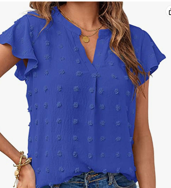 Women's V-Neck Ruffle Short Sleeve Chiffon Blouse