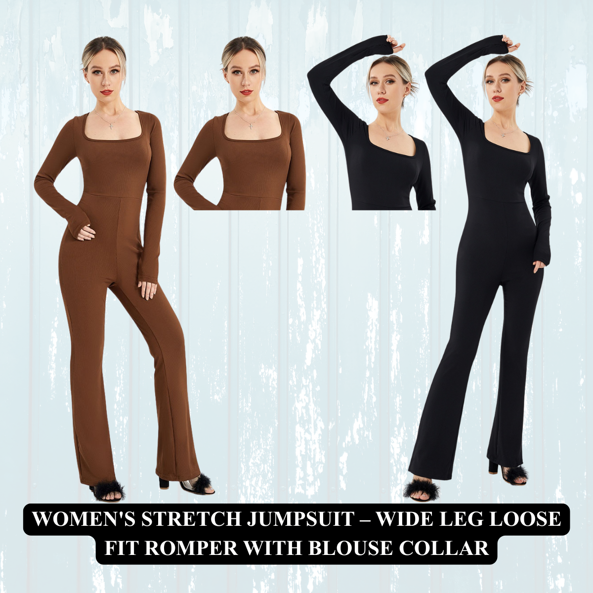 Women's Stretch Jumpsuit – Wide Leg Loose Fit Romper with Blouse Collar