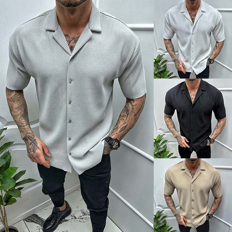 Men's Short Sleeve Cardigan | Solid Color Cotton Blend Shirt