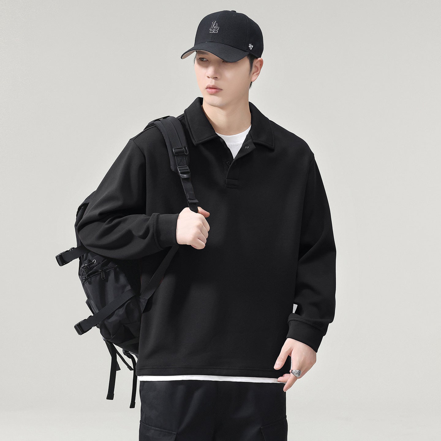 Men's Layered-Look Long-Sleeve Polo Top - Cotton Blend