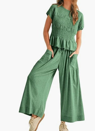 Women's 2-Piece Set | Pleated Top & Wide Leg Pants