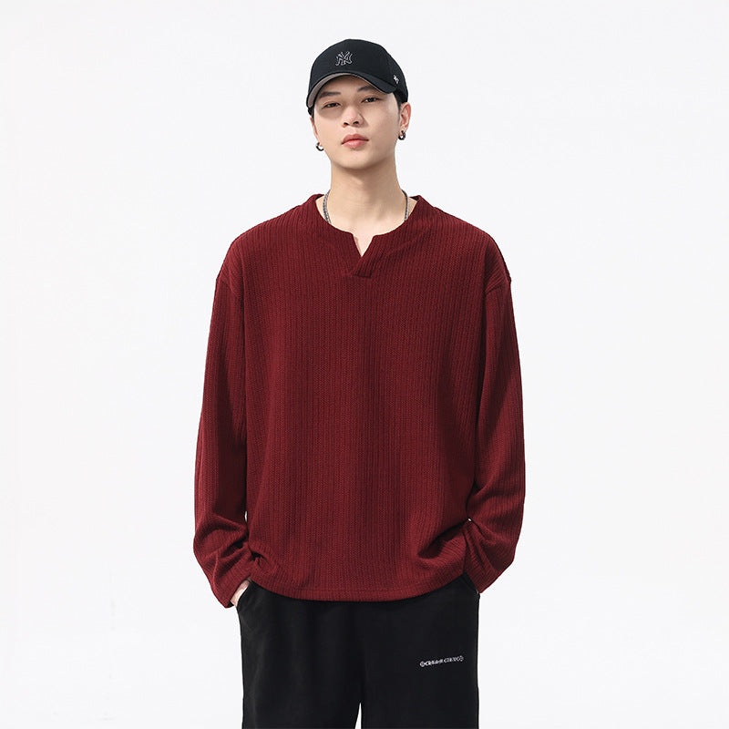 Men's Textured V-Neck Long-Sleeve Shirt - Loose Fit
