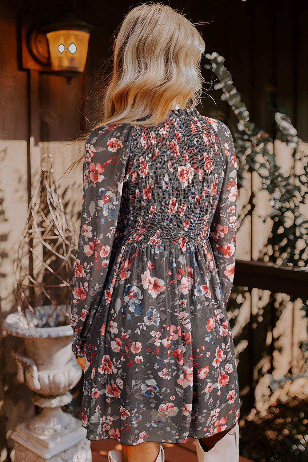 Women's Floral Mesh Mini Dress | Brown Smocked Bodice Long Sleeve