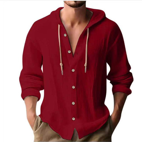 Men's Cotton Linen Hooded Shirt | Button Down Long Sleeve Sweater