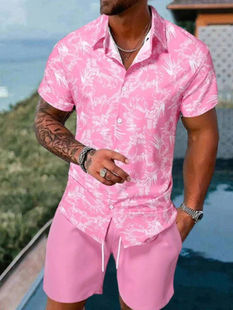 Men's 3D Print Short Set | Lapel Collar Short Sleeve & Shorts Outfit