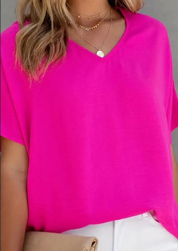 Solid V-Neck Short Sleeve Casual Blouse