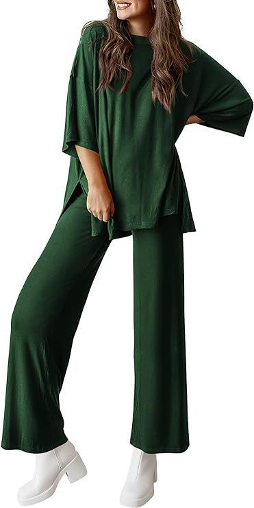 Women's Short Sleeve Pullover Top and Wide Leg Pants Set