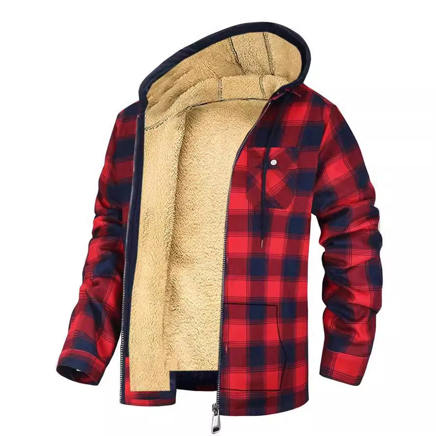Men's Plaid Winter Jacket | Cotton-Padded Hooded Zip-Up Coat