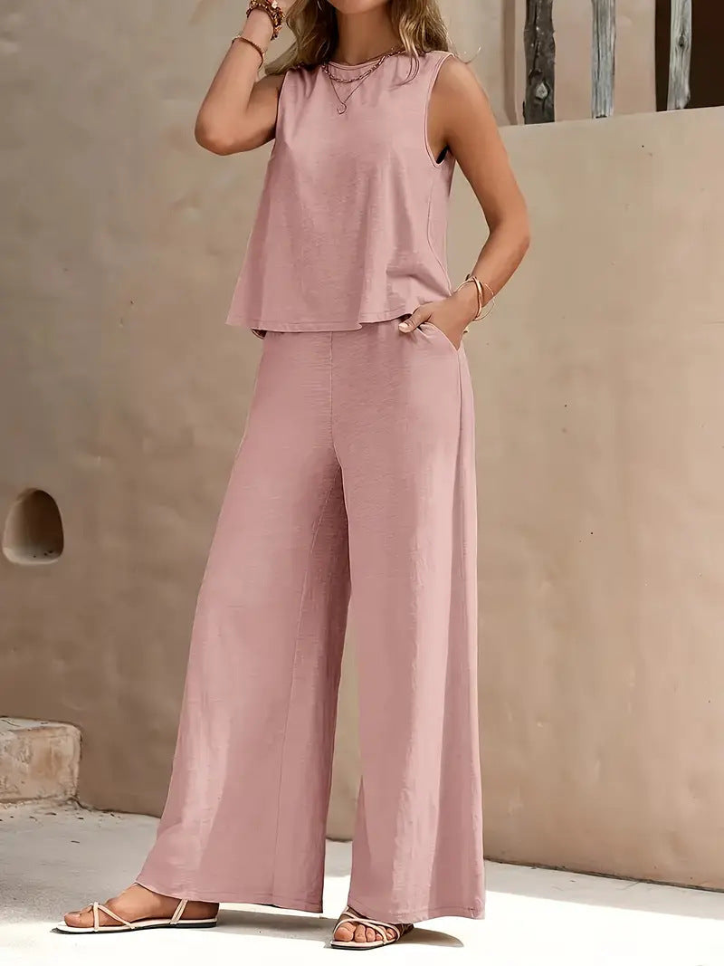 Women's Solid Color Casual Two-Piece Outfit Set