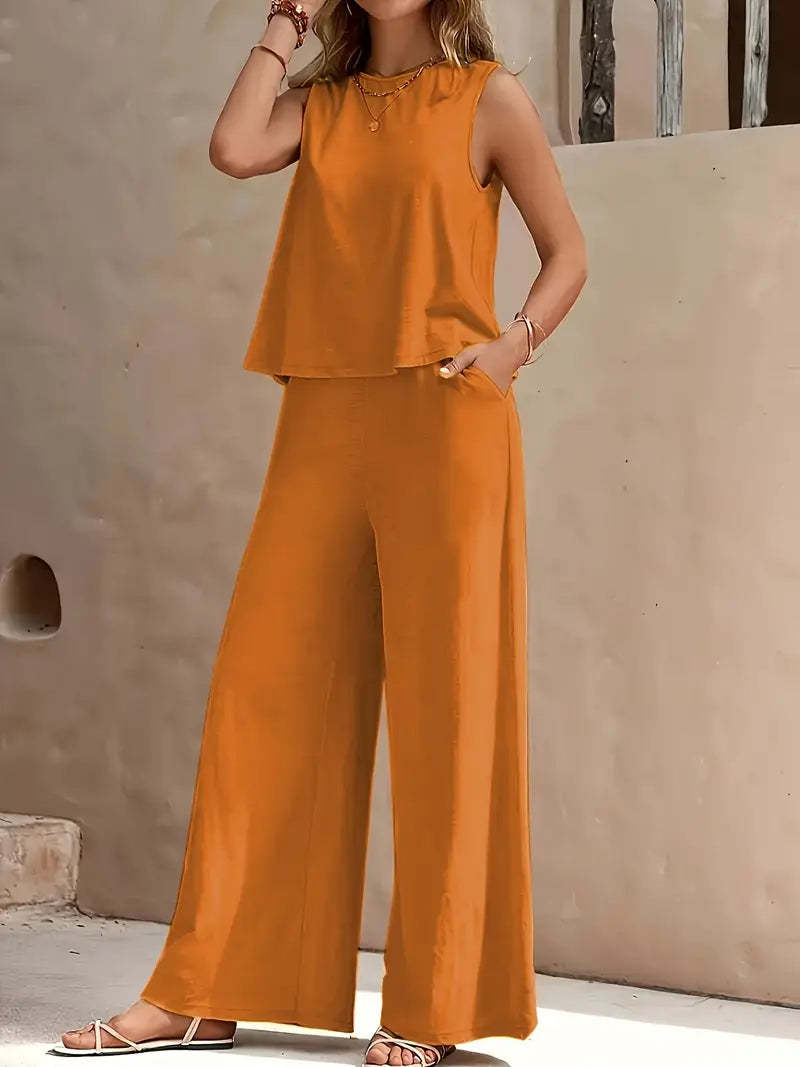 Women's Solid Color Casual Two-Piece Outfit Set