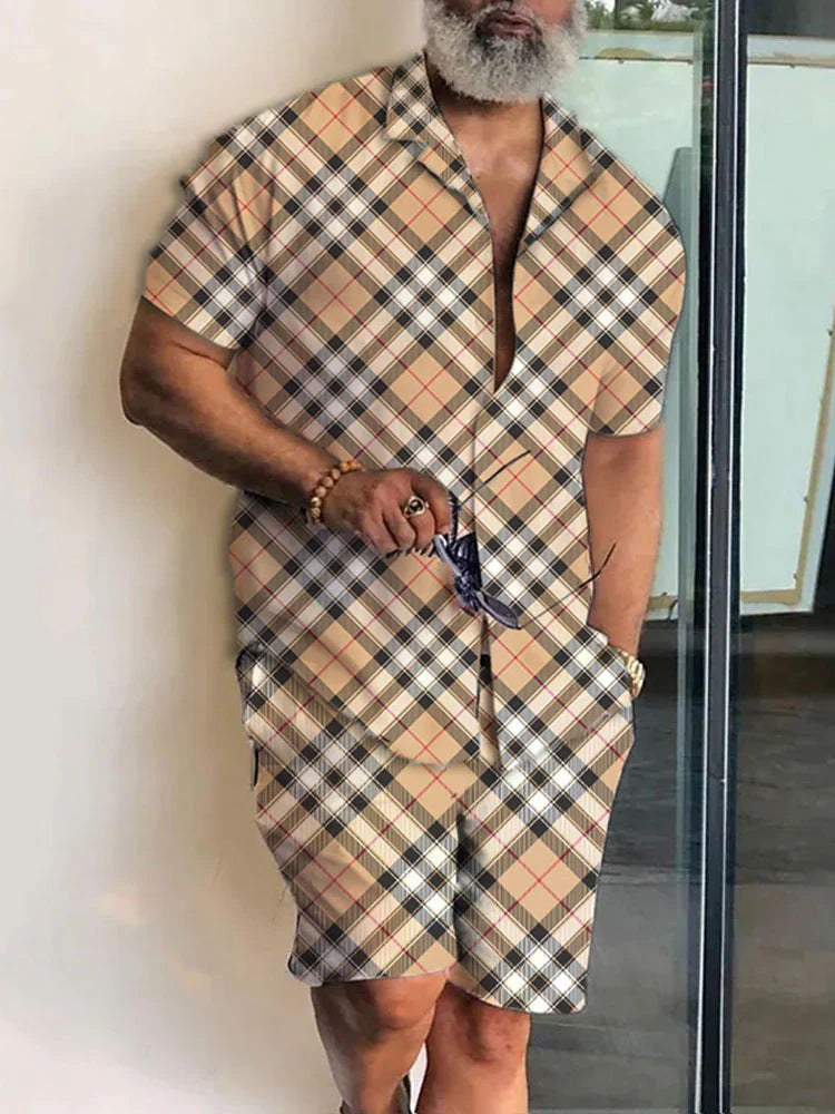 Men's 3D Print Short Set | Lapel Collar Short Sleeve & Shorts Outfit